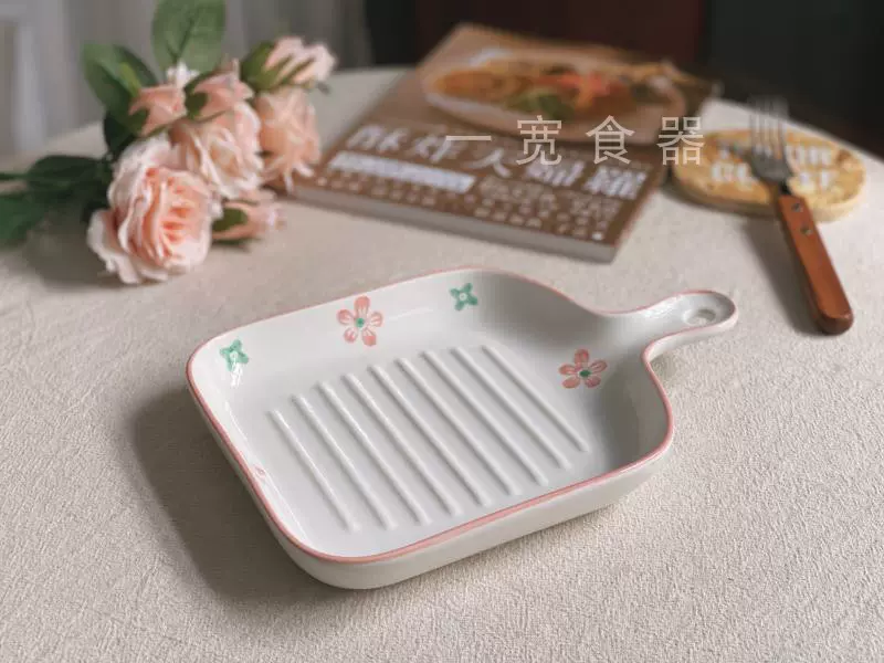 一宽食器 工厂直销 日式粉花釉下彩方形手柄盘早餐