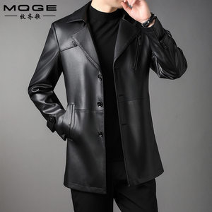 
Mid-length plus velvet leather jacket for men in autumn and winter new fashion Korean style single-breasted suit collar middle-aged leather jacket