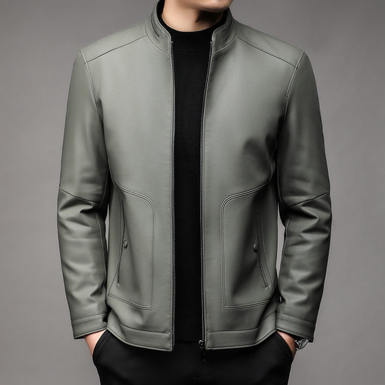 
Autumn and winter new stand-up collar leather jacket for men, middle-aged dad leather jacket, men's business casual plus velvet leather jacket