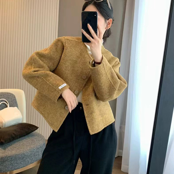 
Double-sided cashmere coat for women short 2025 autumn and winter new Korean version of small fragrance style round neck wool jacket