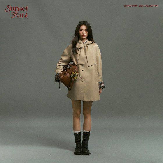 
SunsetPark 'Autumn Overture' Khaki Check Spliced Retro Bow Trench Coat