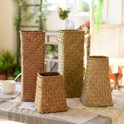 Natural Seaweed Woven Flower Basket, Rattan and Bamboo Woven Flower Vessel, Dried Flower Vase, Pastoral Decorative Flower Pot, Living Room Interior Decoration