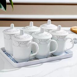 Jingdezhen Blue and White Tea Cup Office Cup Ceramic Cup with Lid and Handle Household Six Conference Cup with Tray