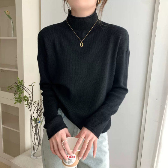 
Half turtleneck bottoming shirt for women with winter thickening 2025 new style mid-collar style loose lazy style pit striped sweater for women