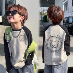 Boys' Pure Cotton Round Neck T-Shirt, Children's Spring and Autumn Loose Long-Sleeved Cartoon Double-Sided Printed Clothing for Older Children