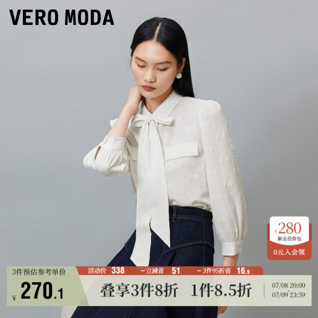 Vero Moda Outlet shirt for women spring and summer new bow ribbon seven-point puff sleeve commuting temperament top