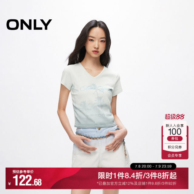 ONLY Summer Fashion Retro Printed V-neck Slim Shoulder Short T-shirt for Women