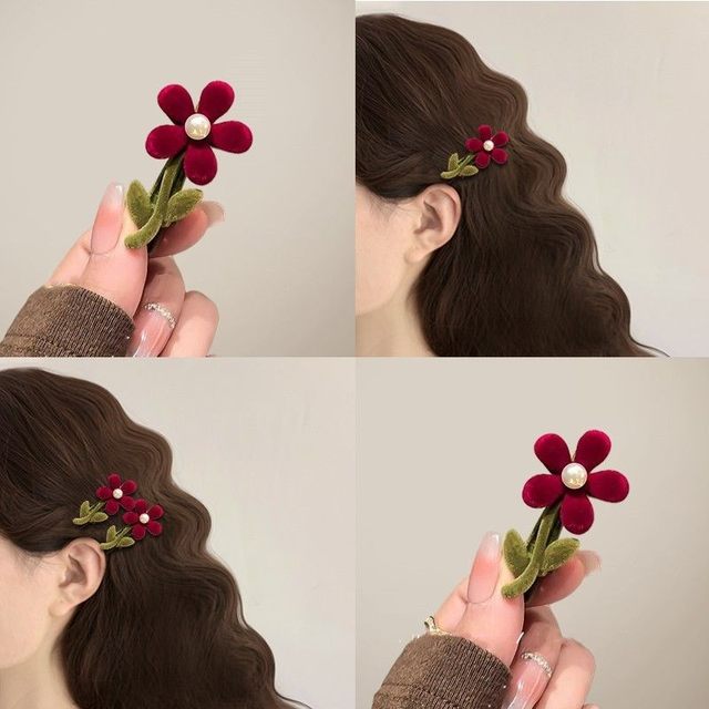 Velvet Pearl Flower Hair Clip Forehead Bangs Clip Women's 2025 New Side Broken Hair Duckbill Clip Headwear Hair Clip