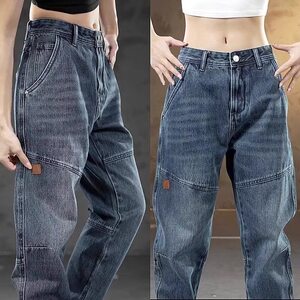 
Men's jeans spring and autumn casual straight wide-leg trousers trendy spring loose splicing workwear high street trousers