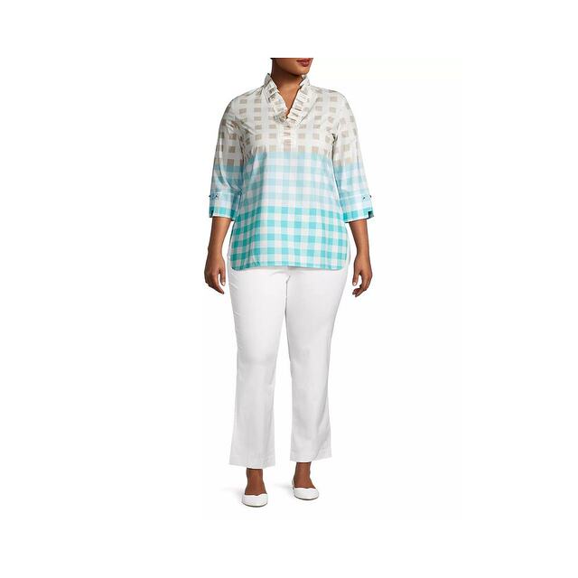 ming wang women shirt lace ruffled cotton linen 7-quarter sleeve plaid pure cotton
