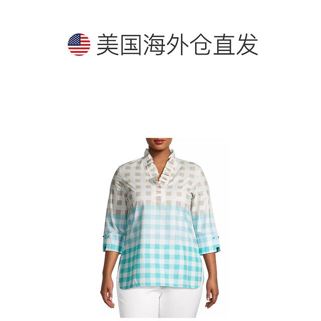 ming wang women shirt lace ruffled cotton linen 7-quarter sleeve plaid pure cotton
