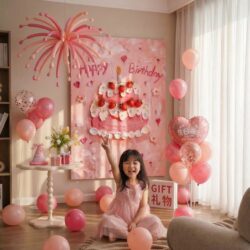 Happy First Birthday for the Girl, Festive Atmosphere Decoration, Cake Hanging Cloth, Ceremonial Party Scene Setup, Balloon Background Wall