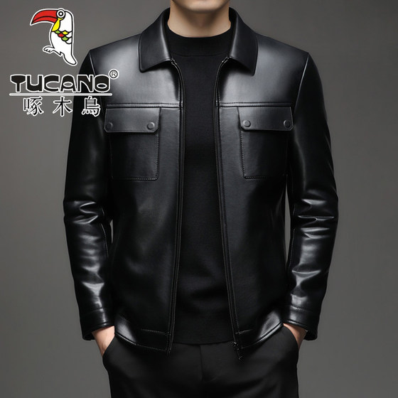 
Woodpecker high-end Lei Jun's same style Haining genuine leather jacket with lapel and velvet for men, business casual light luxury style jacket for men