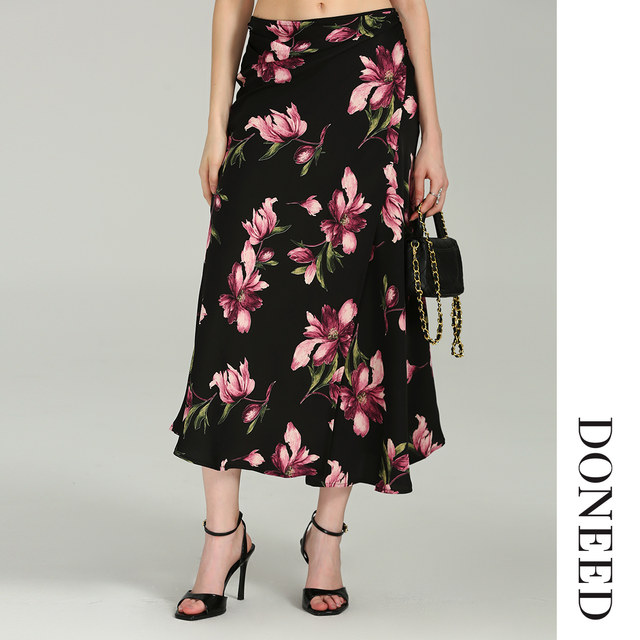 DONEEDDONEED2025 summer elegant temperament mid-length one-piece button printed irregular skirt for women