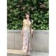 Satin lace-up bow vintage floral skirt women's summer long skirt high waist fishtail skirt swinging collar T-shirt suit
