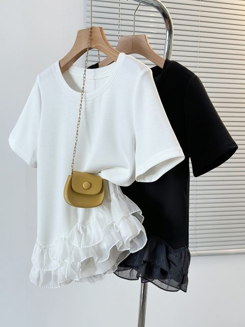 Pure cotton large size design sensor pocket big U -collar short -sleeved T -shirt female summer new bottom shirt loose and thin top girl
