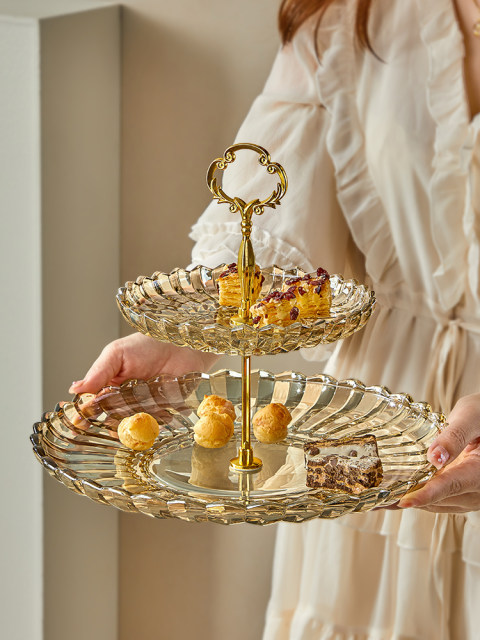 Light Luxury Double-Layer Glass Fruit Plate for Living Room, Home Coffee Table, Snack and Dessert Plate, Afternoon Tea Exquisite Tray, High-End Plate