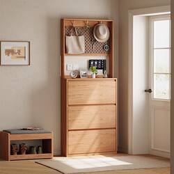 Solid Wood Tipping Shoe Cabinet for Home Indoor Entrance, Ultra-Thin Wall-Mounted Integrated Storage Cabinet Shoe Rack