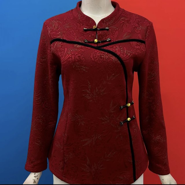New autumn and winter fashion Chinese style women's plus velvet shirt middle-aged and elderly mothers wear tops retro buckle fashionable