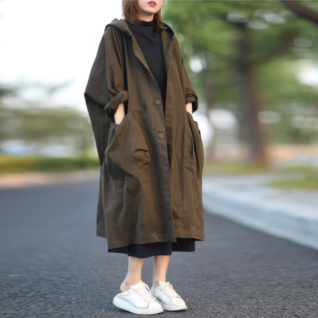 Large size women's clothing, spring and autumn new fashion and literary style hooded windbreaker, fat mm loose temperament, versatile mid-length jacket