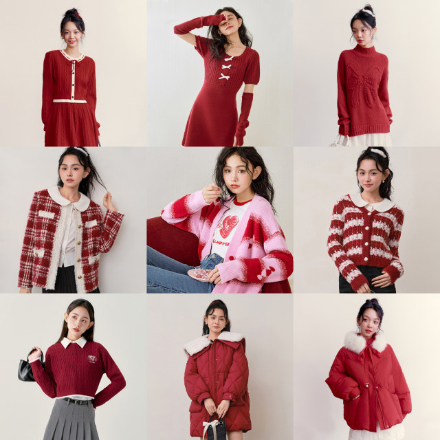 Lechang retro red checkered red product new year collection down jacket knitwear jacket