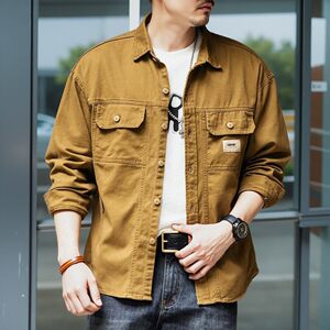 
French tough guy pure cotton denim shirt jacket men's spring and autumn work shirt men's loose casual top jacket
