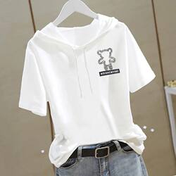 Pure Cotton Large Size Loose Hooded Rhinestone Top T-Shirt for Women 2026 Summer New Short-Sleeve Oversized Loose Fit T-Shirt