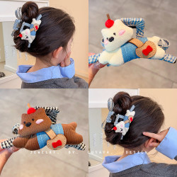Fabric Puppy Doll Hair Accessory Claw Clip for Little Girls, Back of the Head Updo Shark Clip, Ab Side Plaid Bow Hair Clip