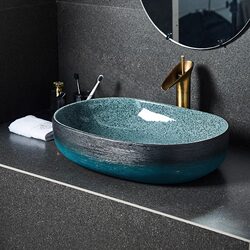 Ceramic Retro Art Washbasin for Home Use, Countertop Basin, Light Luxury Balcony Bathroom Washbasin, Round Basin, Single Basin