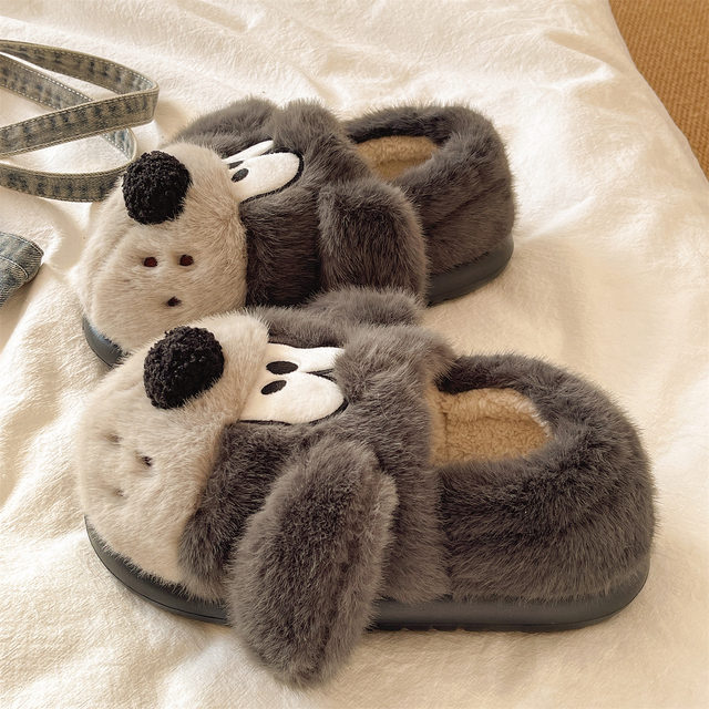 Cotton slippers for women winter indoor home thick-soled non-slip cute big-eared dog warm plus velvet bag heel cotton shoes for men