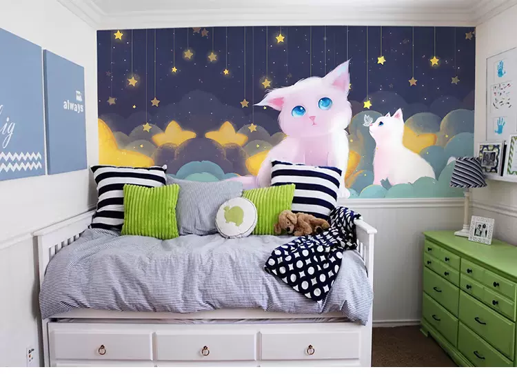 儿童房背景墙壁纸网红直播间墙纸手绘猫猫墙贴纸猫咪