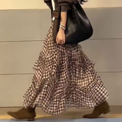 European coffee color plaid ruffled large size skirt