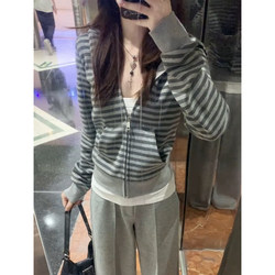 Korean-Style Striped Hooded Sweatshirt Jacket for Women, Spring and Autumn 2026 New Model, American Design, Short Slim-Fit Waist-Cinching Top