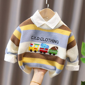 
Baby children's cartoon embroidered velvet sweater for boys and girls autumn and winter clothing baby striped sweater children's thickened sweater