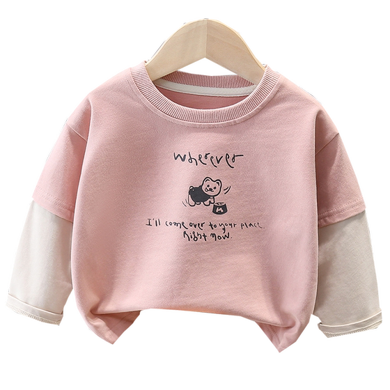 
Baby children's foreign style cartoon long-sleeved T-shirt for boys and girls 2026 spring and autumn 3 baby casual bottoming shirt children's fake two pieces