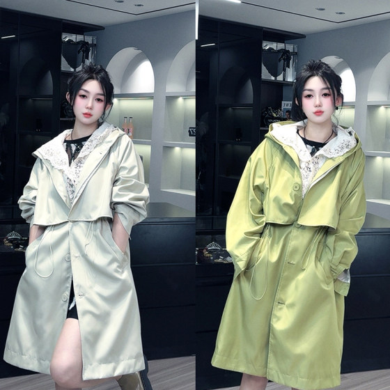 
[Spot] Color block lace fake two-piece windbreaker jacket for women 2025 spring new hooded mid-length top for women