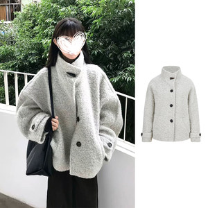 
MosesQueen Gray Stand Collar Warm Woolen Coat Winter Thickened Loose Woolen Coat Women