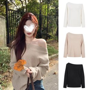 
MosesQueen Queen Moses slanted shoulder sweater thin 2025 autumn loose long-sleeved T-shirt top for women