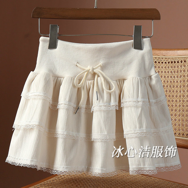Design-sensory bow drawstring lace short skirt skirt for women 2025 autumn and winter lace velvet cake umbrella skirt