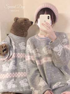 
Gray pink color jacquard rabbit love chess board plaid girl raboss sleeve loose version knitted pullover sweater