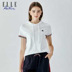 Elle Active2026 Spring and Summer Versatile Hooded T-Shirt Women's Summer Sports Casual Top Loose Short-Sleeved
