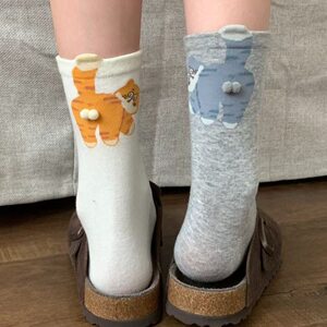 
White socks women's mid-calf socks summer thin Japanese style funny cartoon gray stockings cute cat ball socks
