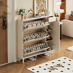 Cream-Colored Solid Wood Ultra-Thin Tipping Shoe Cabinet for Home Entrance, 2025 New Popular Model, Entryway Storage Cabinet with Integrated Shoe Rack