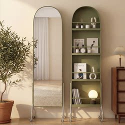 Movable Full-Length Mirror Magazine Rack Dressing Mirror Storage Rack Vintage Floor Mirror Display Shelf Storage Bookshelf Mirror
