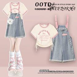 Girls' Summer Outfit 2026 New Dopamine Style Short-Sleeve Fashionable Denim Overalls for Middle School Girls Two-Piece Set
