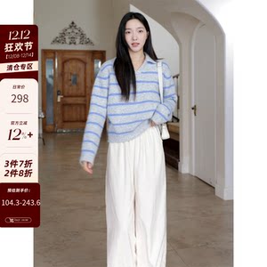 
Guo Jiujiu Wool Striped Loose Slim Polo Neck V-neck Sweater Autumn and Winter Top Versatile Casual Balloon Pants