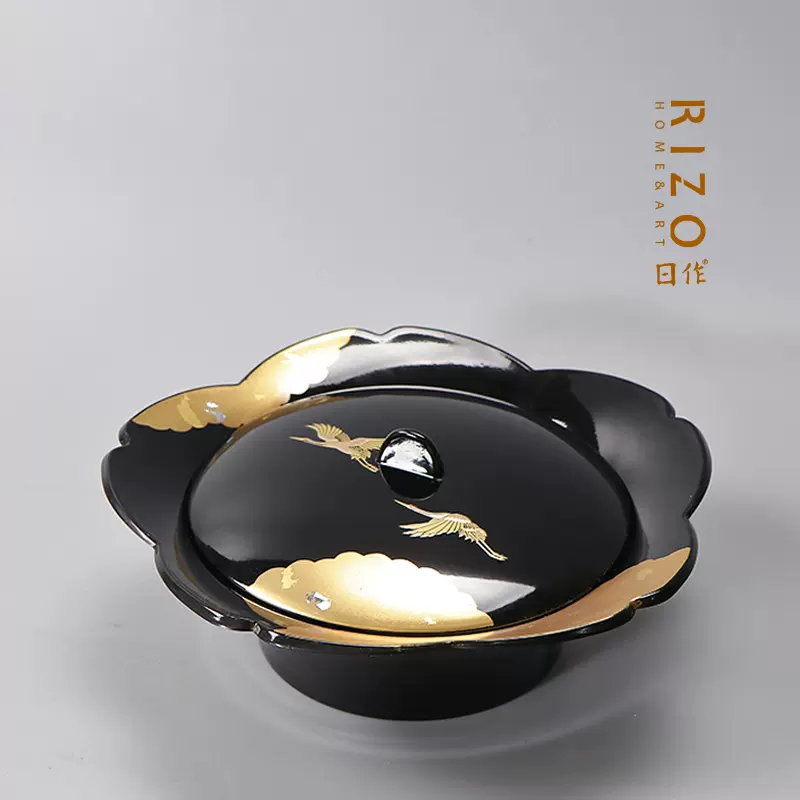 日本进口山中漆器金箔祥鹤果子钵树脂果子器