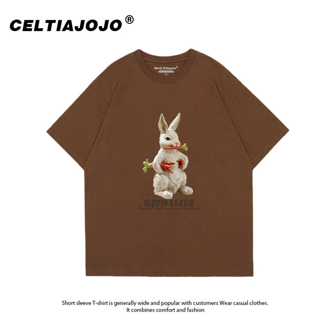 Vintage retro loose design rabbit print brown short-sleeved T-shirt for ...