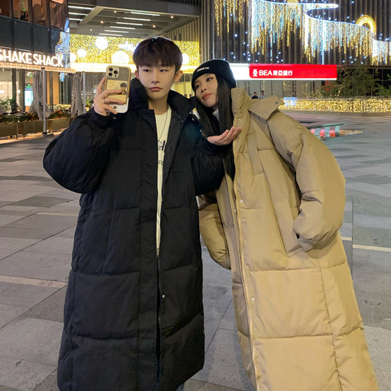 Winter Over Knee Mid length Couple Down Cotton Coat Korean Edition Instagram Student Hooded Thickened Loose and Handsome Coat for Men