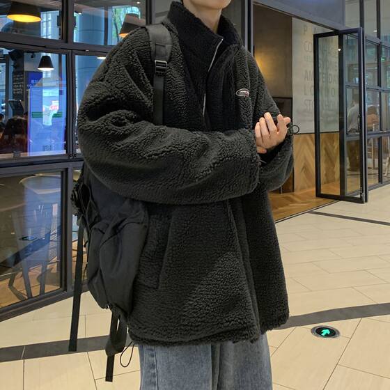 Wear thick lamb coats on both sides in winter, men's Korean trend Hong Kong wind cotton clothing couple loose tide cotton jacket